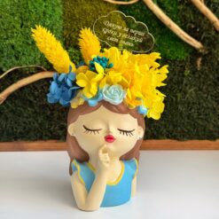 Гіпсове Кашпо Українка в жовто-блакитних кольорах з топером
