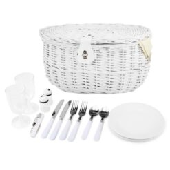 білий кошик для пікніка з виделками